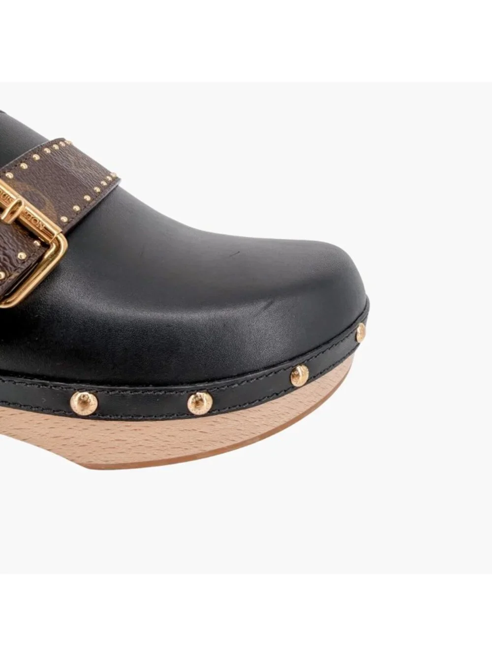 Louis Vuitton LV Cottage Mule Clogs Black Leather Size 39 US 9 Women's Wooden